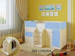 Кровать-чердак Малыш-4 Дуб молочный/Голубой в Игарке - igarka.mebel54.com | фото