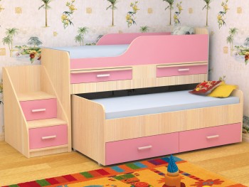 Кровать детская Лесики двухместная 1.8  Дуб молочный/Розовый в Игарке - igarka.mebel54.com | фото