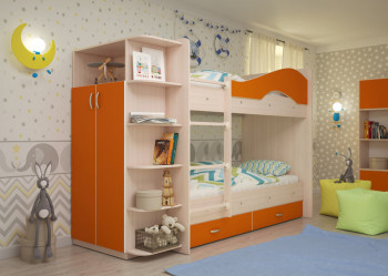 Кровать Мая двухъярусная с ящиками и шкафом Млечный дуб/Оранжевый в Игарке - igarka.mebel54.com | фото