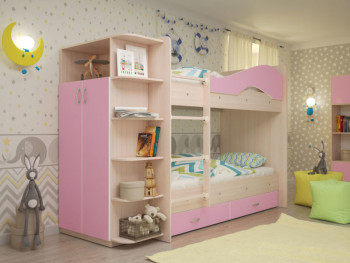 Кровать Мая двухъярусная с ящиками и шкафом Млечный дуб/Розовый в Игарке - igarka.mebel54.com | фото