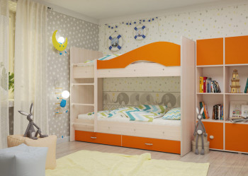 Кровать Мая двухъярусная с ящикамиМлечный дуб/Оранжевый в Игарке - igarka.mebel54.com | фото
