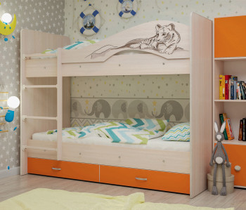 Кровать Мая-Сафари двухъярусная с ящикамиМлечный дуб/Оранжевый в Игарке - igarka.mebel54.com | фото