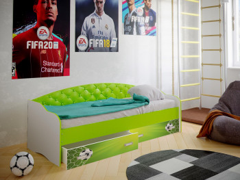 Кровать Софа-8 с мягкой спинкой фотопечать Футбол (900х1900) Белый/Лайм в Игарке - igarka.mebel54.com | фото