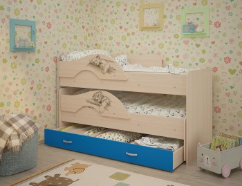 Кровать выкатная Радуга-Сафари детская 1600 Млечный дуб/Голубой в Игарке - igarka.mebel54.com | фото