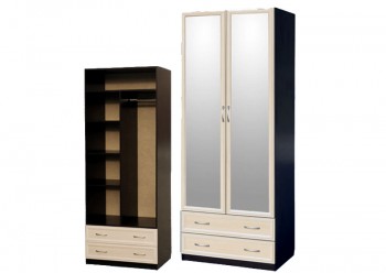 Шкаф для платья и белья 2-х дверный с профилем МДФ с 2 зеркалами Венге/Дуб выбеленный в Игарке - igarka.mebel54.com | фото