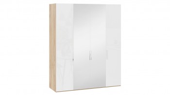 Шкаф комбинированный с 2 глухими и 2 зеркальными дверями «Эмбер» Яблоня Беллуно/Белый глянец в Игарке - igarka.mebel54.com | фото