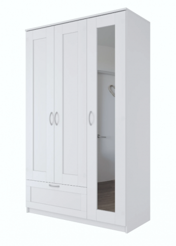 Шкаф трехдверный Сириус с зеркалом и 1 ящиком белый в Игарке - igarka.mebel54.com | фото